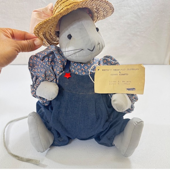 Karen's Barnyard Critters & Other Crafts Other - VTG Karen's Barnyard Critters Folk Art Bunny Rabbit Doll Straw Hat Denim Overall